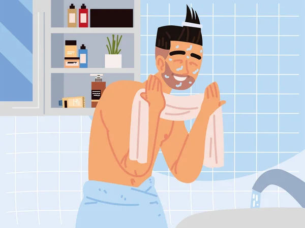 Adam tuvalette yüzünü temizliyor. — Stok Vektör