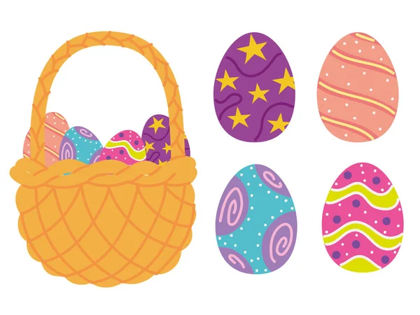 Huevos de Pascua y cesta — Vector de stock