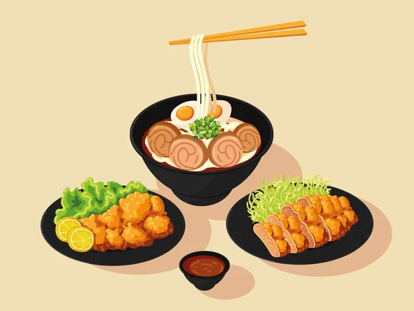Makanan Jepang disajikan di piring hitam - Stok Vektor