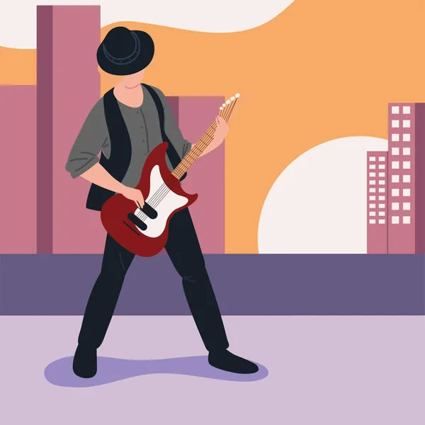 Musician playing guitar in the street — Stock Vector