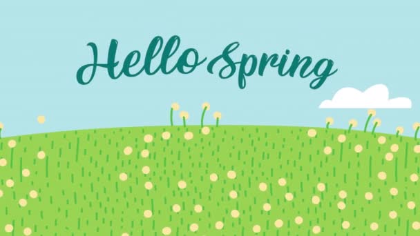 Olá primavera lettering em animação prado — Vídeo de Stock