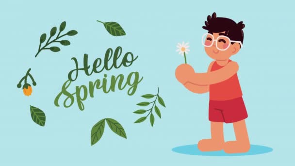 Hello spring lettering with boy animation — Stock Video