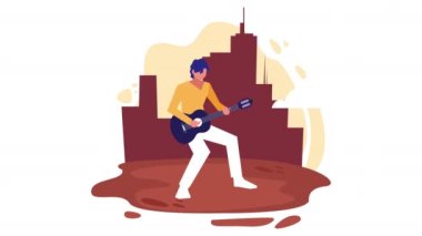 Şehirde gitar çalan bir müzisyen.