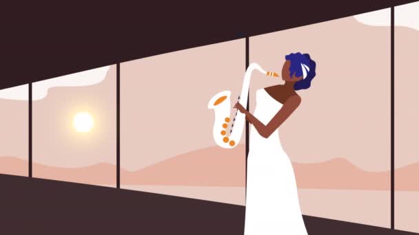 Afro vrouwelijke muzikant spelen saxofoon karakter — Stockvideo