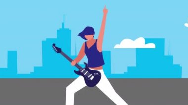 Elektro gitar çalan genç bir müzisyen.