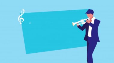 Erkek müzisyen trompet çalıyor.