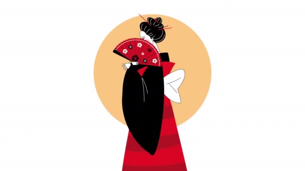 Hermosa geisha con animación fan — Vídeos de Stock