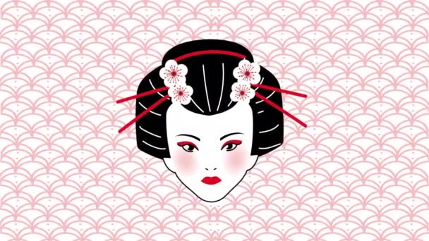 Beautiful geisha japanese head animation — Stock Video