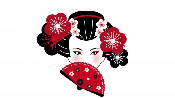 Красивая голова гейши с фан-анимацией — стоковое видео