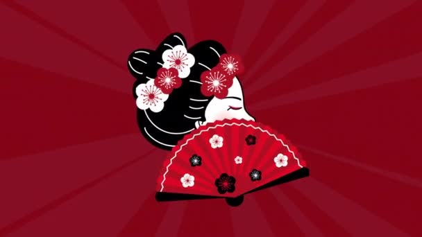 Hermosa geisha con la animación del perfil del ventilador — Vídeo de stock