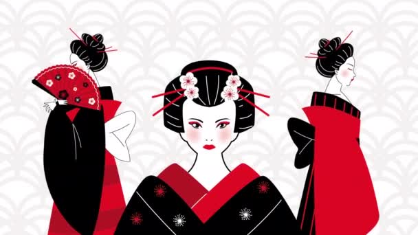 Três personagens geishas japaneses — Vídeo de Stock