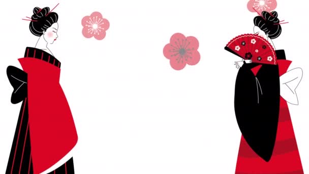 Geishas japaneses y animación de flores — Vídeos de Stock