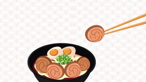 Ramen comida japonesa con palos — Vídeo de stock