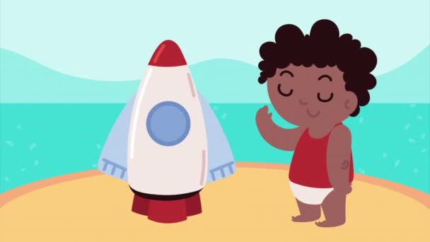 Petit afro garçon bébé avec fusée d'animation — Video