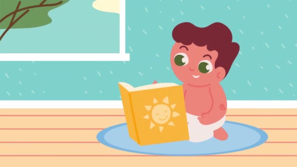 Baby kleiner Junge mit Buchcharakter-Animation — Stockvideo