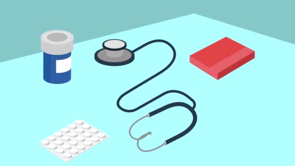 Medicinali farmaci per l'assistenza sanitaria e stetoscopio — Video Stock