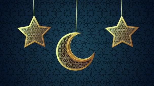 Eid mubarak animation with moon and stars hanging — Stock Video