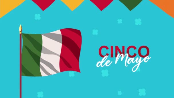 Cinco de mayo lettering com bandeira mexicana acenando — Vídeo de Stock