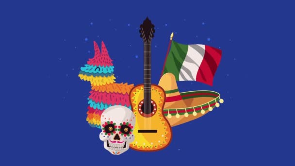 Mexicaanse cultuur animatie met gitaar en items — Stockvideo