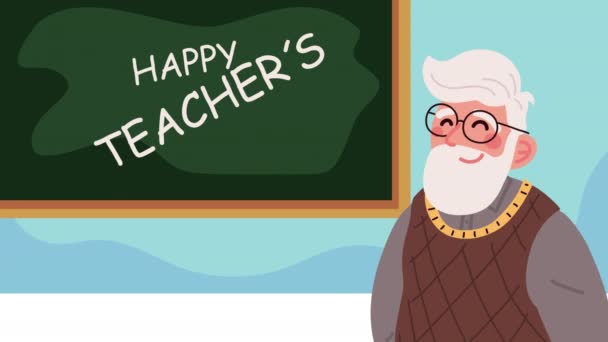 Gelukkig leraren dag belettering met oude man — Stockvideo
