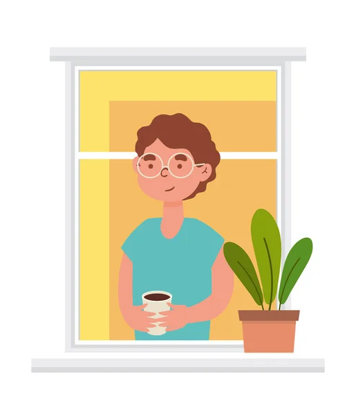Ragazzo bere caffè alla finestra — Vettoriale Stock