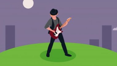 Erkek müzisyen gece animasyonu gitar çalıyor.