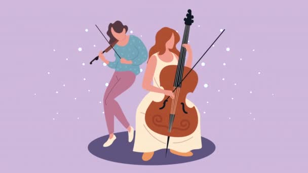 Girls musicians playing instruments characters — Stock Video