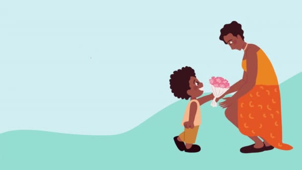 Feliz día de las madres letras con afro mamá e hijo — Vídeos de Stock