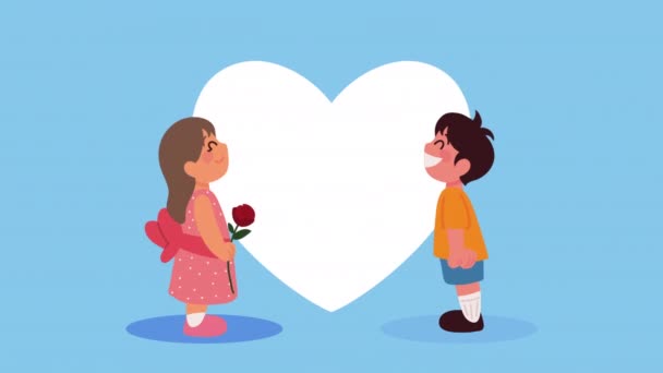 Παιδιά ζευγάρι με κινούμενα σχέδια καρδιά — Αρχείο Βίντεο