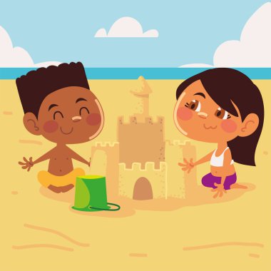 Çocuklar kumdan kale yapıyorlar.