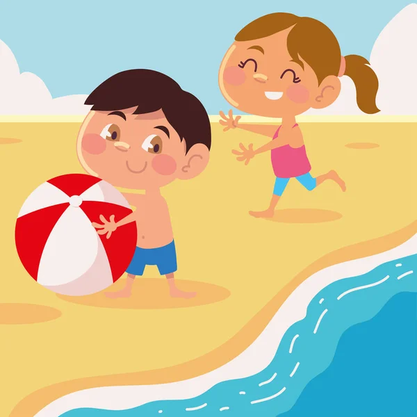 Bambini con palla in spiaggia — Vettoriale Stock