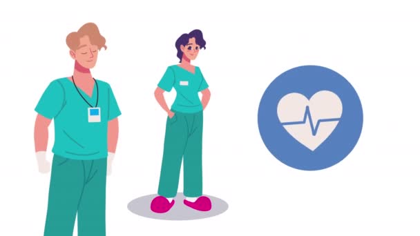 Nurses couple workers characters — стоковое видео