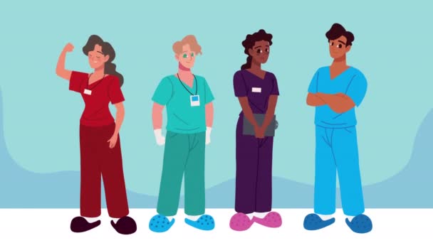 Four nurses workers characters — Video Stock