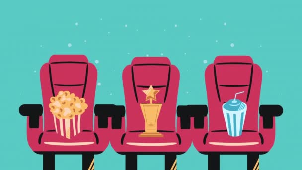 Tropny ve patlamış mısırlı sinema sandalyeleri — Stok video
