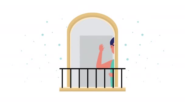 Woman in windows quarantine character — Video Stock