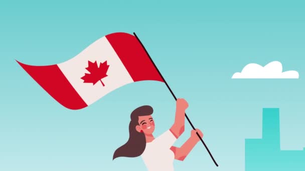 Canadian girl with flag celebration animation — Wideo stockowe