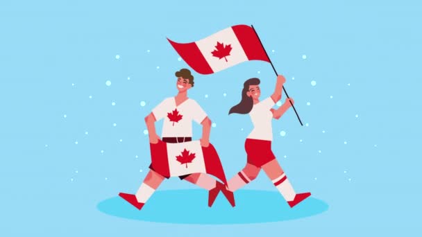 Καναδέζικα παιδιά με σημαίες εορταστική animation — Αρχείο Βίντεο