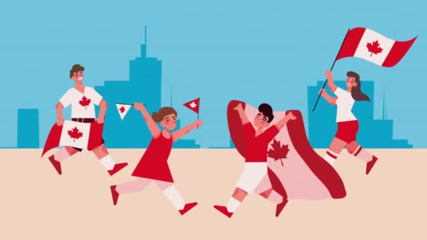 Canadian kids with flags celebration animation — Wideo stockowe