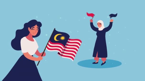 Woman and girl with malaysian flags animation — Wideo stockowe