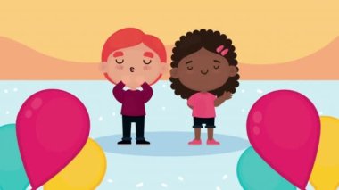 happy little kids couple celebrating characters