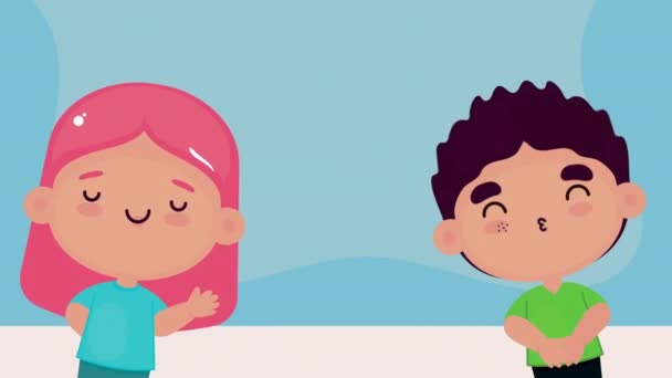 Boldog kisgyerekek pár ünneplő karakterek — Stock videók