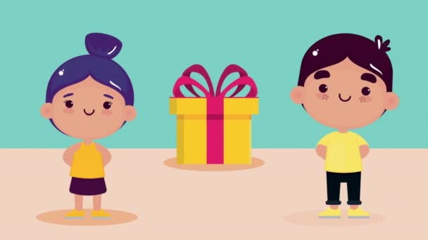 Happy little kids couple celebrating characters — Video Stock