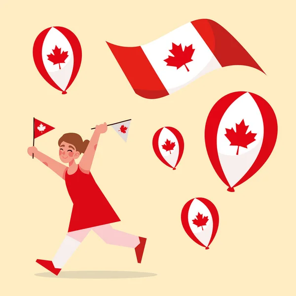 Girl with flag and balloons canada — стоковый вектор