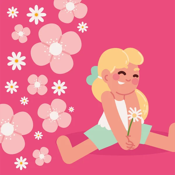 Fille mignonne et fleurs de printemps — Image vectorielle