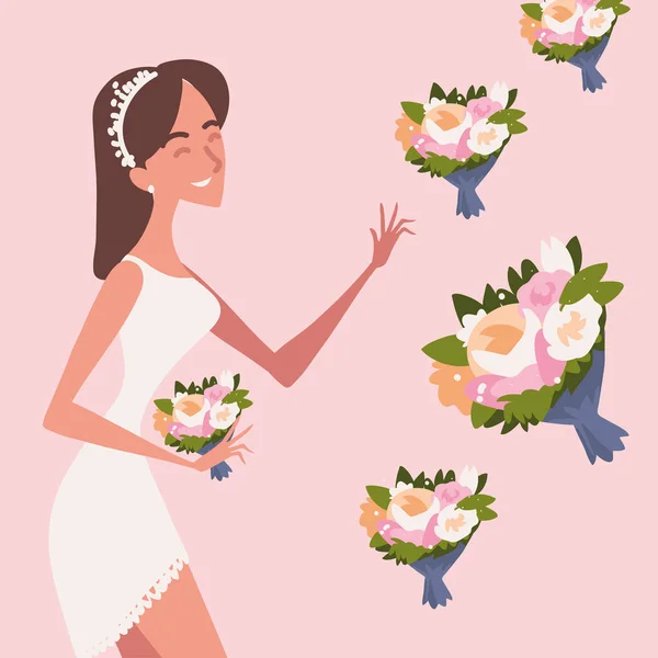 Γαμήλια νύφη και πολλά ανθοδέσμες — Διανυσματικό Αρχείο