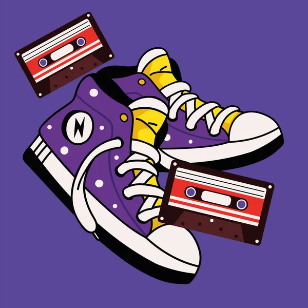 90s shoes and music tape — Stock Vector