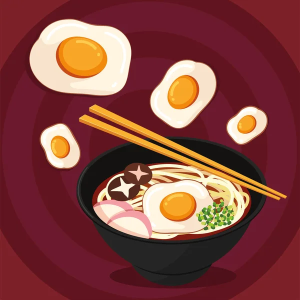 Fideos japoneses y huevo — Vector de stock