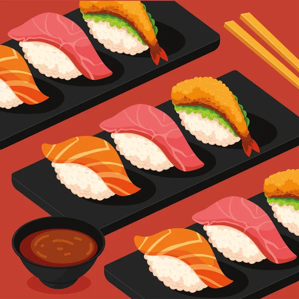 Japanese sushi and sauce — Vector de stock