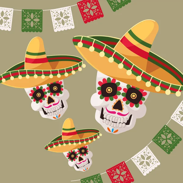 Calaveras mexicanas con sombreros — Vector de stock