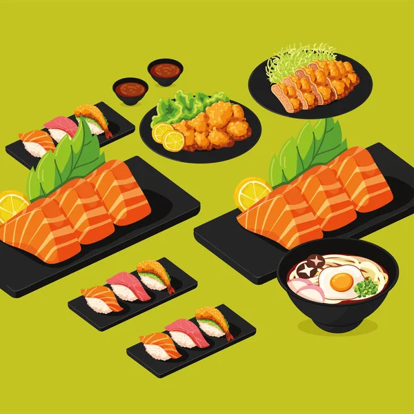 Platos de comida japonesa — Vector de stock